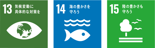 SDGsロゴ 13.気候変動に具体的な対策を、14.海の豊かさを守ろう、15.陸の豊かさも守ろう